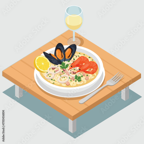 Isometric seafood pasta dish with mussels shrimp and white wine.