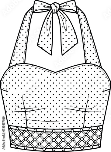 Halter crop top vector, sweetheart neckline fashion sketch, bow tie garment, polka dot illustration, front view design, technical drawing template