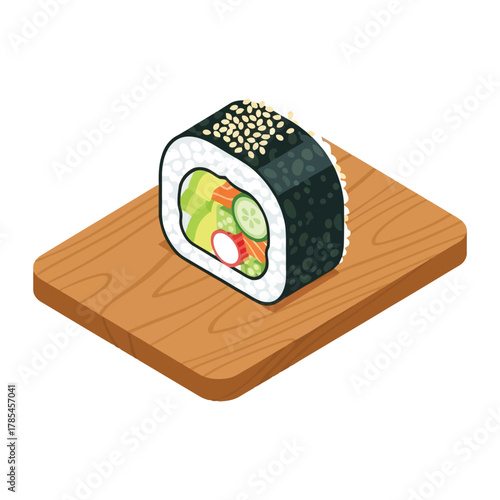 Isometric Sushi Roll with Sesame Seeds on Wooden Board.
