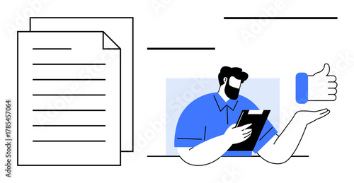Documents next to a businessperson holding a clipboard, with a thumbs-up for positive validation. Ideal for teamwork, approval workflow, business decisions, productivity, trust, office communication