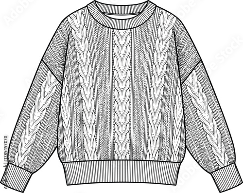 Knitted sweater vector, cable knit fashion sketch, ribbed crew neck garment, puff sleeve illustration, front view design, technical drawing template