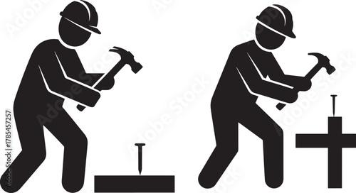 Two construction workers in silhouette hammering nails on a white background silhouette