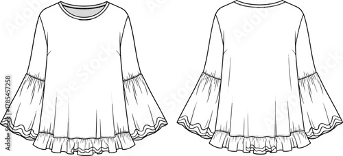 Ruffled sleeve top vector, bell sleeve fashion sketch, round neck garment, front back view illustration, technical drawing template, apparel flat sketch