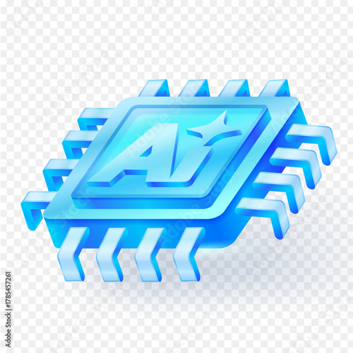 Futuristic blue glass AI microchip icon with a modern 3D look, symbolizing artificial intelligence, digital technology, innovation, and high-tech processing. Vector illustration.