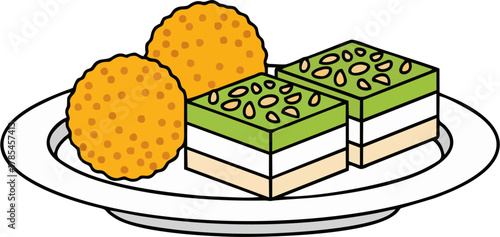 Tasty Indian Sweets Laddu and Milk Cake on a Plate Illustration