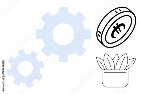 Gears representing process efficiency, cryptocurrency coin for digital finance, and a plant symbolizing growth. Ideal for technology, entrepreneurship, innovation, sustainability, fintech, business