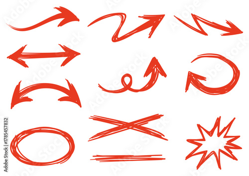 力強く描かれた赤の矢印セット
