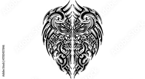 Tribal Tattoo Design Featuring a Fierce Animalistic Face with Intricate Swirling Patterns
