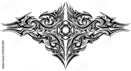 Intricate Tribal Tattoo Design with Swirling Ornate Patterns and a Central Geometric Element