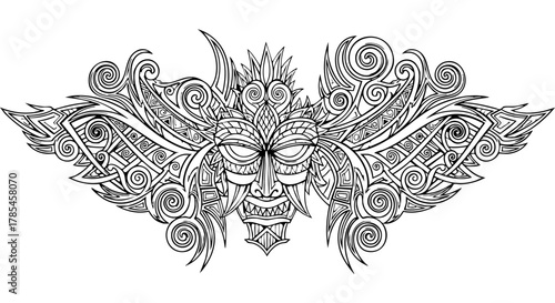 Intricate Tattoo Design of a Tribal Demon Face with Ornate Wings and Swirling Patterns