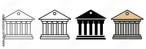Set of minimalist classical building icons with transparent background, depicting financial institutions, government buildings, and educational centers, symbol of law and order, vector illustration