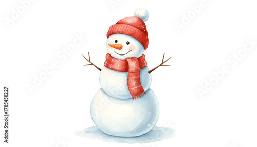 Cute watercolor snowman wearing a red hat and scarf on a  background