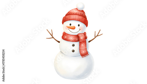 Cute watercolor snowman wearing a red hat and scarf