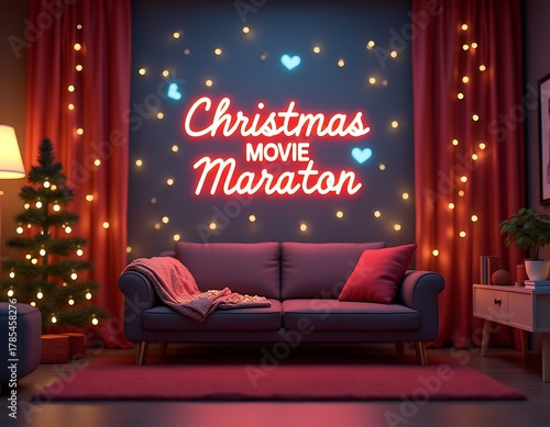 Inviting living room with neon 'christmas movie marathon' sign