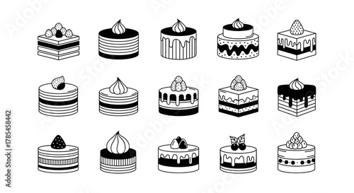 Minimalist monochrome dessert icons with diverse delightful decorations