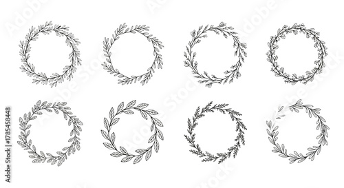 Set of eight hand-drawn botanical wreaths, nature-inspired decorative elements