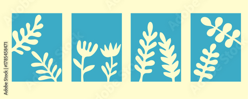Set of cream flowers and leaves on a blue background. Organic Stylised Leaf-Silhouette Panel Set — Four Rectangular Botanical Frames, Seamless Foliage Wall Art, abstract fluid and organic shapes.