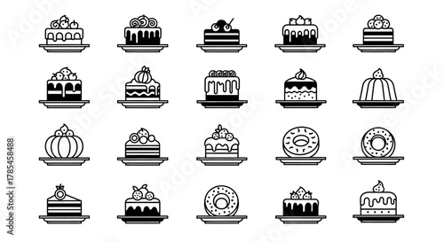Minimalist monochrome dessert icons, various sweet treats, baked goods on plates