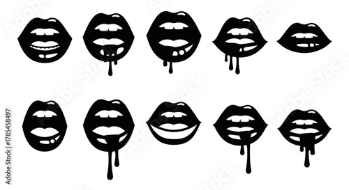 A collection of black silhouette lip designs featuring dripping elements and