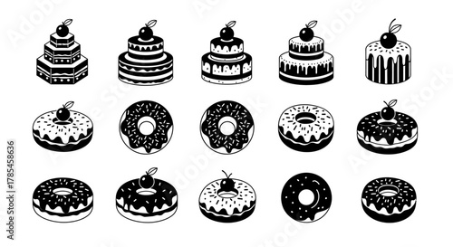 black and white minimalist dessert icons collection sweet treats design elements