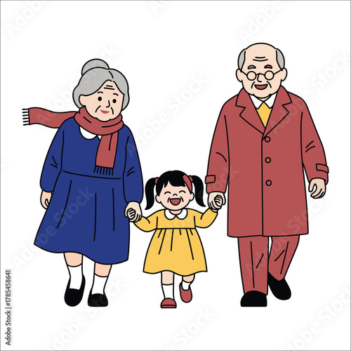 Grandparents and granddaughter holding hands with scarf and coat Keywords: family, grandparents