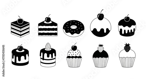 Monochrome Dessert Illustration Collection Sweet Pastries Line Art Set