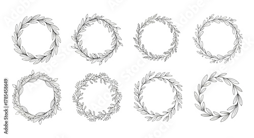 Set of eight hand-drawn natural leaf wreaths, perfect for organic elegant