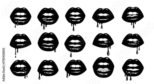 dripping black lips vector illustration set with various expressions