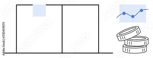 Document outline with adjacent stacked coins and line chart nodes symbolizing economic growth and professional data. Ideal for finance, analysis, progress, economy, productivity, data trends, simple