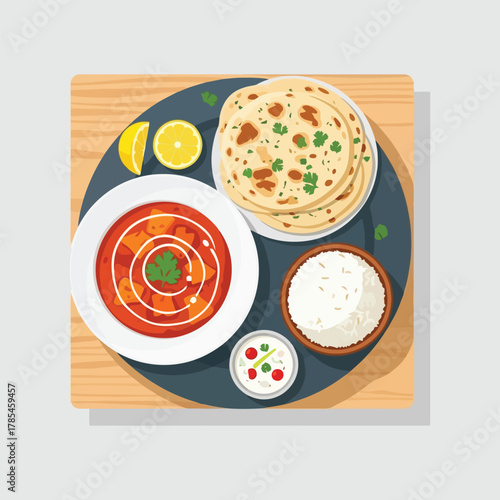 Delicious Indian Cuisine Platter with Curry Naan Rice and Raita.