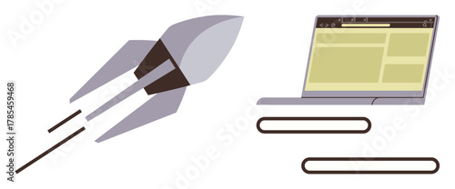 Rocket launching beside an open laptop with text, representing startup growth, development, speed, innovation, productivity, digital marketing, creativity. Ideal for futuristic technological themes