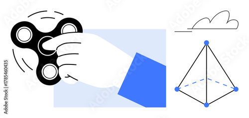 Hand spinning black fidget spinner, triangular geometric object with blue nodes, and a simple cloud outline. Ideal for focus, play, geometry, science, minimalism relaxation creativity. Simple flat