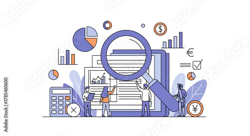 Business analytics and data inspection with magnifying glass over financial