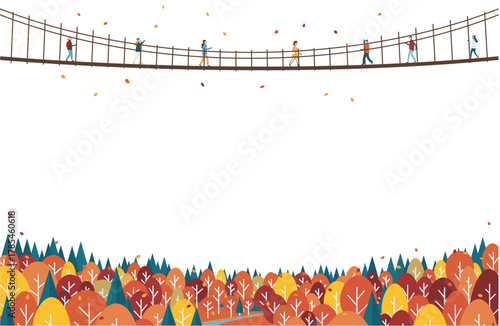 秋の吊り橋を渡る人たちと紅葉の森のフレーム