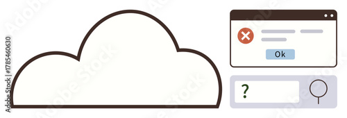 Cloud outline with error message popup and search bar symbolizes challenges and solutions in cloud computing. Ideal for technology, IT support, troubleshooting, online tools, web platforms, problem