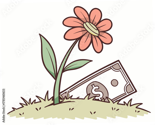 Flower growing from dollar bill on grassy surface  