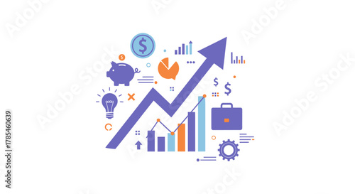 financial growth metrics illustration with money, ideas, and business tools