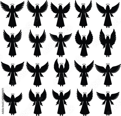 WebAngel silhouette illustration, halo wings vector, spiritual figure art, religious design graphic, black and white pattern, divine character outline, symbolic artwork