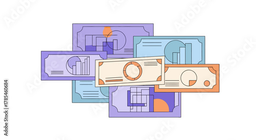 Abstract illustration of multiple banknotes scattered cash money finance