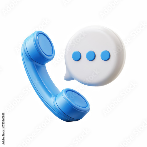 3D blue phone receiver with chat bubble communication icon isolated on transparent background