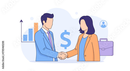 Business people handshake with financial symbols in the background