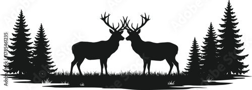 Deer silhouette, forest wildlife scene, antlered deer illustration, black and white vector art, nature design, woodland clearing, symmetrical composition, conifer 