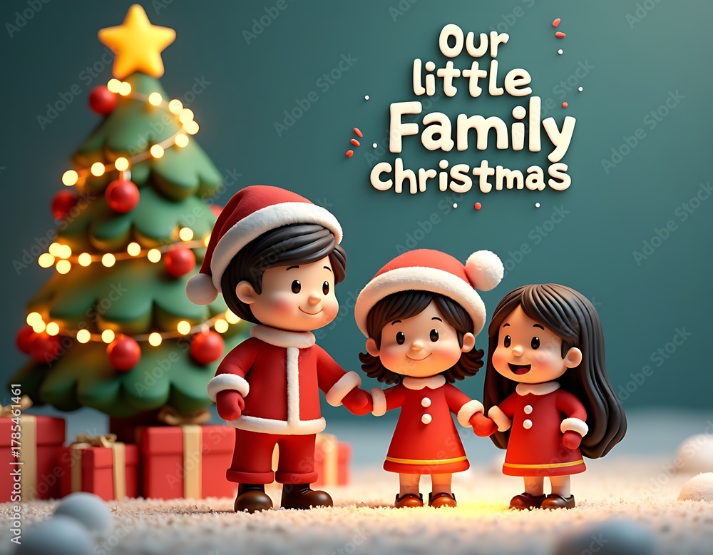 Fototapeta premium Cute animated family celebrating christmas with a decorated tree