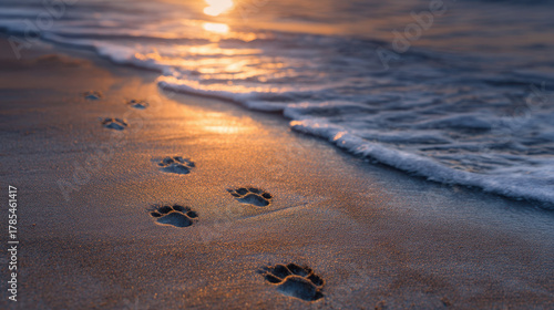 Fototapeta Naklejka Na Ścianę i Meble -  Dog walking on beach at sunset with paw prints in sand near gentle ocean waves creating peaceful and warm atmosphere
