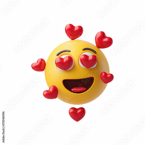 3D heart eyes emoji with floating red hearts isolated on transparent background