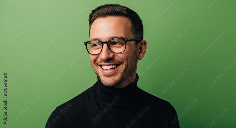 Obraz premium A Smiling Man in Glasses and a Black Turtleneck Against a Green Background