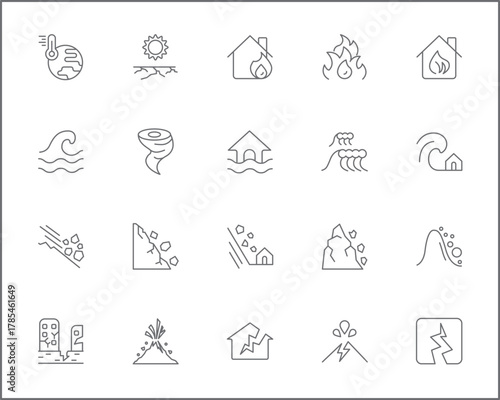 Set of disaster and storm Icons outlien style. Contains such Icons as fire, landslide, flood, drought, Natural Disaster, tornado, lighting, fog, forest fire, tsunami, hurricane And Other Elements.
