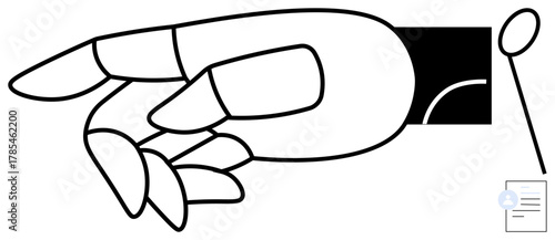 Robotic hand extending toward magnifying glass and document, symbolizing technology, analysis, automation. Ideal for innovation, AI, research, robotics, automation future simple flat metaphor