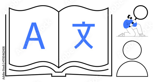 Open book featuring large multilingual letters, person analyzing a sphere-thumbs up object, user icons. Ideal for education, translation, communication, cross-cultural learning, knowledge, skills