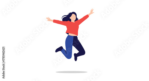 A cheerful young woman in a red shirt and two-tone jeans leaps in the air with arms outstretched, celebrating freedom and happiness.